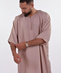 Linen Moroccan Thobe for Men with Rings Embroidery