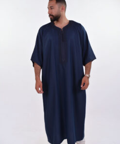 Linen Moroccan Thobe for Men with Rings Embroidery