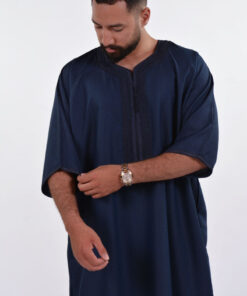 Linen Moroccan Thobe for Men with Rings Embroidery