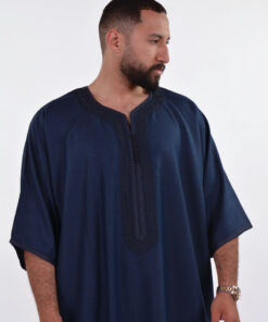 Linen Moroccan Thobe for Men with Rings Embroidery