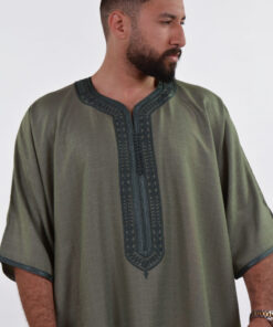 Linen Moroccan Thobe for Men with Rings Embroidery