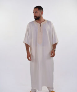 Linen Moroccan Thobe for Men with Rings Embroidery