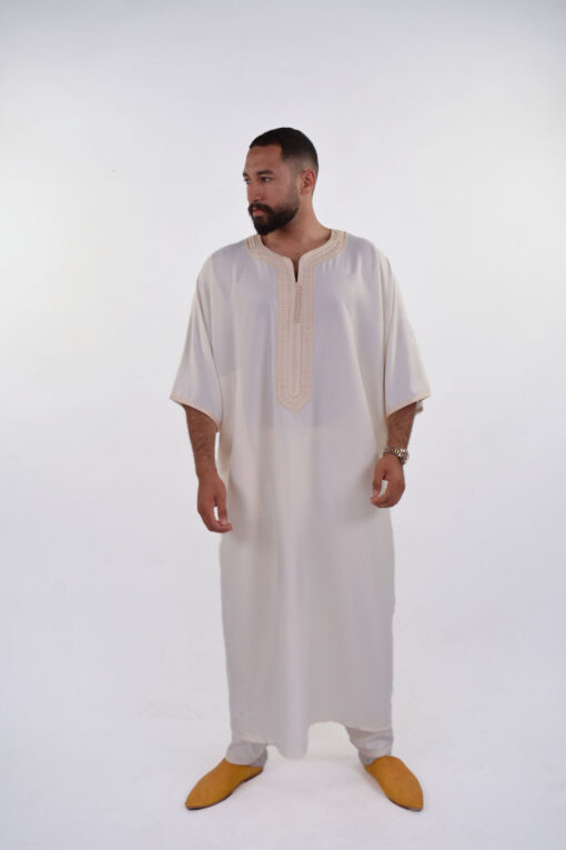 Linen Moroccan Thobe for Men with Rings Embroidery