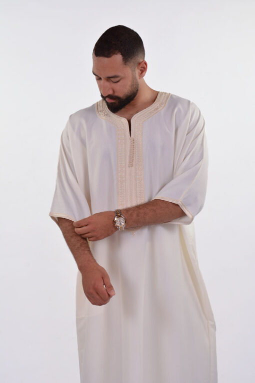 Linen Moroccan Thobe for Men with Rings Embroidery