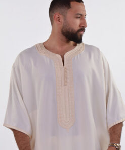 Linen Moroccan Thobe for Men with Rings Embroidery