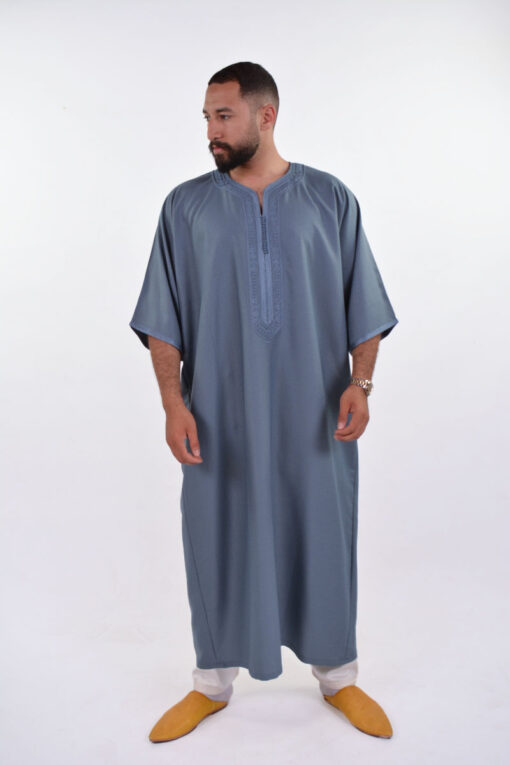 Linen Moroccan Thobe for Men with Rings Embroidery