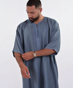 Linen Moroccan Thobe for Men with Rings Embroidery