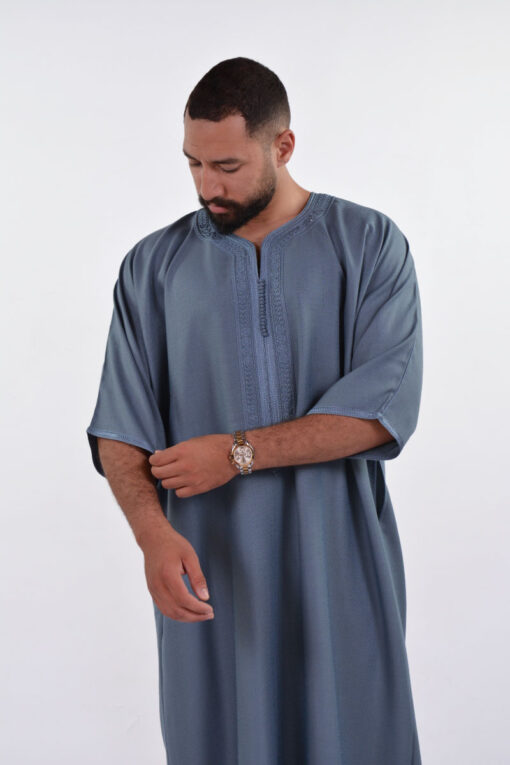 Linen Moroccan Thobe for Men with Rings Embroidery