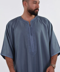 Linen Moroccan Thobe for Men with Rings Embroidery