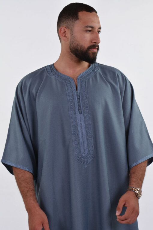 Linen Moroccan Thobe for Men with Rings Embroidery