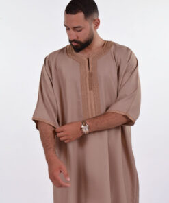 Linen Moroccan Thobe for Men with Rings Embroidery