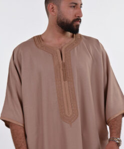 Linen Moroccan Thobe for Men with Rings Embroidery