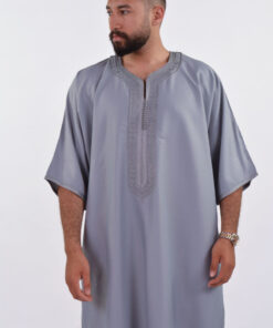 Linen Moroccan Thobe for Men with Rings Embroidery