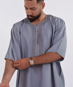 Linen Moroccan Thobe for Men with Rings Embroidery