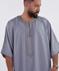 Linen Moroccan Thobe for Men with Rings Embroidery