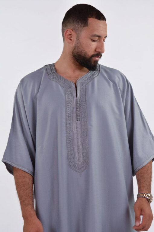 Linen Moroccan Thobe for Men with Rings Embroidery