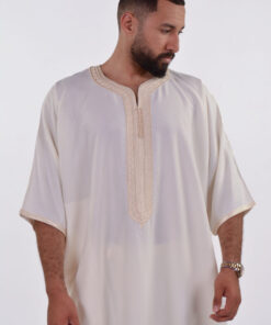 Linen Moroccan Thobe for Men with Rings Embroidery